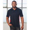 Man wearing navy short sleeve polo with red and white contrast side panels and three-button placket