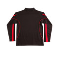 Black long sleeve polo with red and white contrast piping and sleeve panels