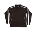Black long sleeve polo with white contrast piping along shoulders and sides