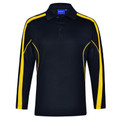 Navy long sleeve polo with gold contrast panels on shoulders and sides