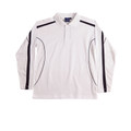 White long sleeve polo with black contrast piping on shoulders and curved side panels