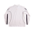 White long sleeve polo with black contrast panels and piping detail on sleeves and sides