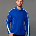 Man wearing royal blue long sleeve polo with white and light blue contrast sleeve panel and piping detail