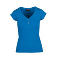Ocean blue women's slim fit short sleeve Henley tee with deep V-neck and three-button placket