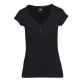 Black women's slim fit short sleeve Henley tee with deep V-neck and three-button placket