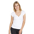 Woman wearing white slim-fit cap-sleeve henley tee with deep V-neck and button placket