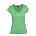 Mint green women's henley tee with V-neck, white button placket and short sleeves in slim fit