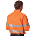 Hi-vis orange work shirt with dual silver reflective tape stripes across back, long sleeves and collar shown from rear