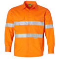 Hi-vis orange long sleeve work shirt with silver reflective tape and twin chest pockets with button flaps