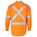 Orange hi-vis long sleeve drill shirt rear view with X-pattern and sleeve 3M reflective tape