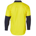 Back view of yellow and navy two-tone hi-vis long sleeve cotton shirt with button cuffs and contrast sleeves