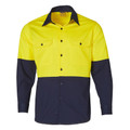 Hi-vis yellow and navy long sleeve work shirt with chest pockets and contrasting collar
