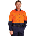 Hi-vis orange and navy two-tone long sleeve work shirt with button chest pockets and contrast collar