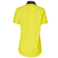 Hi-vis yellow women's work shirt with charcoal collar and short sleeves, back view showing curved hem