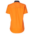 Hi-vis orange women's work shirt with navy collar and short sleeves, back view showing flat decoration panel