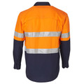 High visibility work shirt in orange and navy with reflective silver tape, back view showing chest pockets