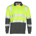 Hi-vis yellow and charcoal long sleeve safety polo with segmented reflective tape, chest pocket, and ribbed collar