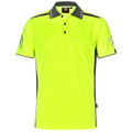 Fluoro yellow and charcoal short sleeve polo with reflective arm tape, contrast panels, chest pocket, and three-button placket