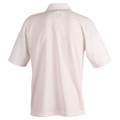 Rear view of a white short sleeve polo shirt with back neck tape detail on a ghost mannequin