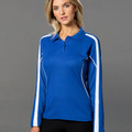 Women wearing royal blue long sleeve polo with white contrast panels and piping on sleeves, flat front chest
