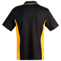 Black polo shirt with gold side panels and matching collar trim, rear view showing contrast panelling detail