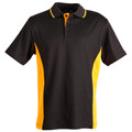 Black polo with gold side panels and matching collar tipping, featuring contrast placket