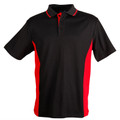 Black short sleeve polo with red contrast side panels and collar tipping