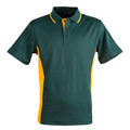 Bottle green polo shirt with gold side panels and collar tipping featuring contrast button placket