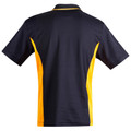 Back view of navy and gold contrast panel short sleeve polo shirt with curved side inserts