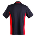Navy polo shirt with red contrast side panels and matching collar stripe viewed from back