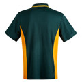 Forest green polo shirt with gold contrast side panels and collar tipping, back view showing decorator-friendly flat surface