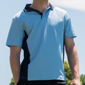 Sky blue polo shirt with navy contrast panels and collar, short sleeves, ideal for decoration
