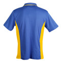 Kids royal blue and gold contrast polo shirt back view, short sleeve with side panels