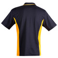 Back view of navy and gold kids contrast polo shirt with curved side panels and collar piping