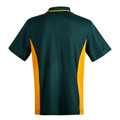 Back view of kids bottle green and gold contrast panel short sleeve polo shirt with tipped collar