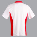 Back view of white and red contrast panel kids polo shirt with tipped collar and short sleeves