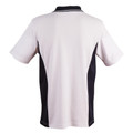 White polo shirt with black contrast side panels and black collar, rear view showing smooth surface ideal for decoration