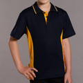 Navy polo with gold contrast side panels and collar trim, short sleeves