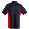 Back view of navy and red kids contrast polo shirt with red side panels and collar tipping