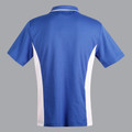 Royal blue kids short sleeve polo shirt back view with white contrast side panels and tipped collar