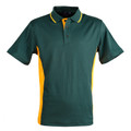 Forest green polo shirt with gold contrast side panels and collar stripe, three-button placket