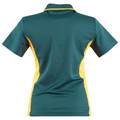 Back view of ladies teal and gold contrast panel short sleeve polo shirt with fitted silhouette