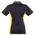 Back view of ladies navy and gold contrast polo shirt with side panels and collar piping detail