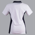 White ladies polo shirt with navy side panels and contrast collar, rear view showing TrueDry fabric construction