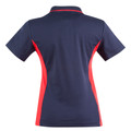 Back view of ladies navy polo shirt with red contrast side panels and collar trim, short sleeve