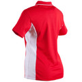 Red ladies polo shirt with white contrast side panels and short sleeves, viewed from back angle
