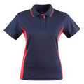 Ladies navy and red contrast polo shirt with three-button placket, tipped collar, and side panel inserts