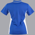 Royal blue ladies polo rear view with white contrast side panels and white tipped collar