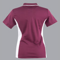 Back view of maroon ladies polo shirt with white side panels and contrast collar trim