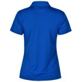 Royal blue ladies polo shirt with self-textured stripe pattern and flat knit collar, rear view